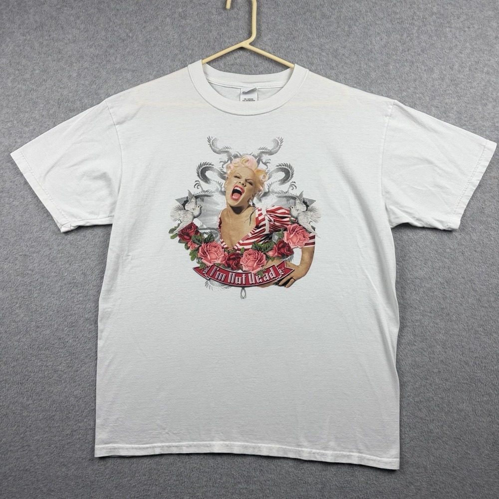 P!nk T Shirt Mens Large White I'm Not Dead Album Promo Tour Merch Y2K Band Tee